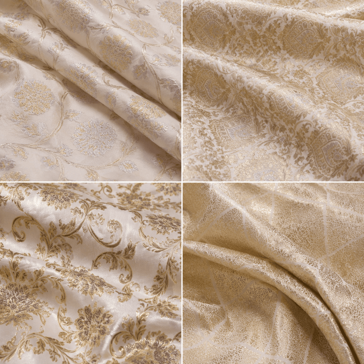 A collection of pure cream and gold Banarasi fabric weaves